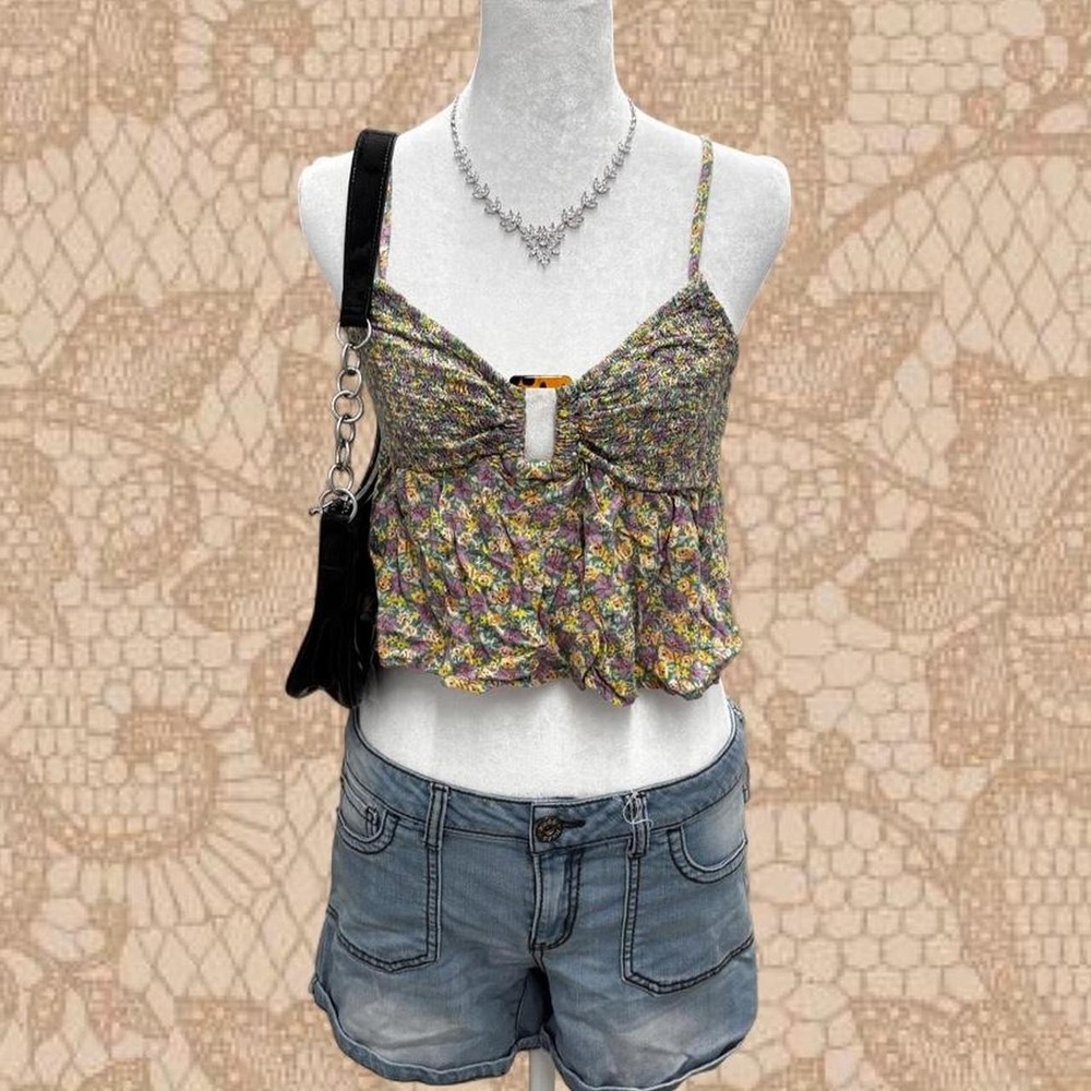 American Eagle Multicolor Floral Tie-Front Babydoll Top